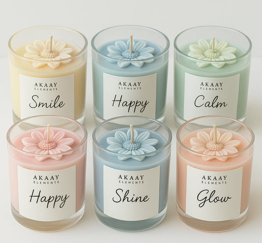 Personalized AKAAY Elements Scented Candles with Flower Lid, Set of 6, Pastel Colours, Smile Happy Calm Shine Glow Collection